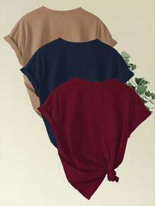 3pcs Women's Heart Print Short Sleeve T-Shirts, Women's Casual Sporty Crew Neck Tops, Ladies Blouses, Basic Pullover Sweatshirts, Women Apparel - Multicolor - View 3