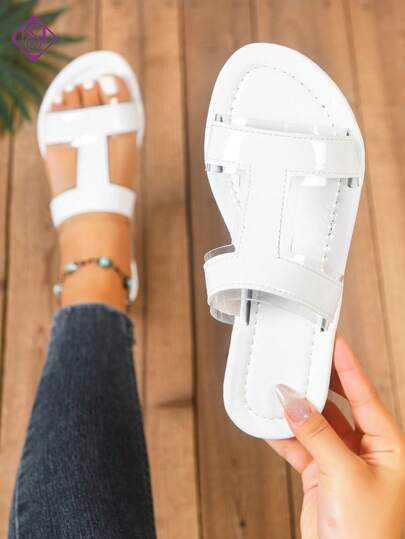 Wide Width Flat Sandals For Women, Casual Solid Color Strap Versatile Breathable Comfortable Slip-On Beach Sandals For Spring & Summer