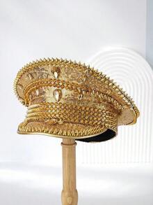 Punk-Style, Glittery Sequined Rhinestone Captain's Hat, Colorful Rave Disco Party Hat, Studded Cap, Costume Accessory For Women - 銀色 - 查看 5