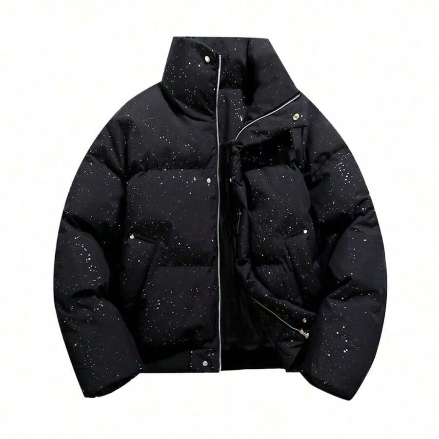 Chaquetas de invierno para hombres nueva llegada de 2026 chaqueta de algodón grueso y cálido estilo de calle holgado y casual chaqueta con relleno diseño del cielo estrellado - Negro - Ver 1