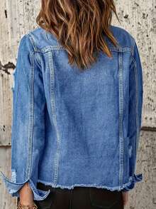Plus Size Women Distressed Denim Jacket - Button Down Long Sleeve Coat, Frayed Hem, Casual Ripped Style Suitable For All Figures - Medium Wash - View 2