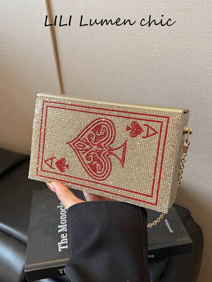 New Fashionable Diamond-Studded Playing Card Evening Bag, European And American Style Full Rhinestone Small Square Bag, Crossbody Bag With Chain Strap. Women's Bag In Champagne Gold With Box-Shaped Playing Card Logo Design, Top Metal Chain Design, Strong Magnetic Closure, Adjustable For Shoulder, Crossbody, Or Hand-Carry Wear - Champagne - View 1