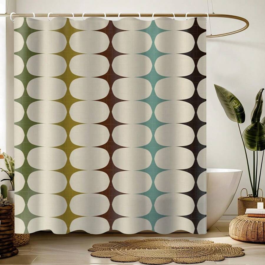 1/3/4件套复古中世纪现代浴室帘，1950年代60年代浴缸帘，抽象几何复古可爱MCM浴室装饰，防滑浴室地毯，U型马桶垫，马桶盖套，浴室配件套装 - 彩色 - 查看 1
