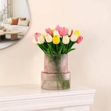 Ribbed Glass Vase, Flower Vase, Fluted Vases Flowers, Modern Vases Living Room, Dining Table, Entryway, Shelf, Wedding, Office, Coffee Table, Birthday, 5 Inches - Hồng + Lớn - Xem 9