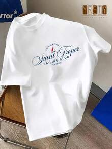 Men's T-Shirt With French Sailing Yacht | Short Sleeve Crew Neck Soft With Saint Tropez Lettering And Yacht Print, Ideal For Beach, Sailing And Casual Wear, Machine Washable, Regular Fit, Fashionable And Breathable - 白色 - 查看 2