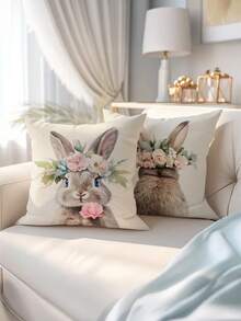 1/2/4pcs Easter Single-Sided Printed Decorative Cushion Cover With Cute Floral And Bunny Pattern, Measuring 17.7*17.7 Inches. Suitable For Easter Living Room Sofa And Bedroom Home Decor. Pillow Insert Not Included. - Multicolor - View 1