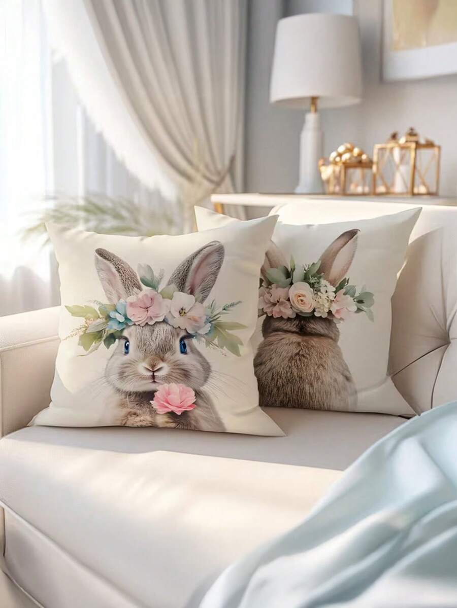 1/2/4pcs Easter Single-Sided Printed Decorative Cushion Cover With Cute Floral And Bunny Pattern, Measuring 17.7*17.7 Inches. Suitable For Easter Living Room Sofa And Bedroom Home Decor. Pillow Insert Not Included. - Multicolor - View 1