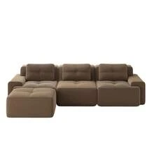 Living Room Sofa Made Of Corduroy, Boneless L-Shaped Sofa With Deep Seat, 3-Seater Modular Sofa With Ottoman, Corner Sofa For Living Rooms And Apartments, Assembly Not Included - 棕色 - 查看 11