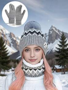 3-delars set: Stickad mössa med bokstavsmönster, fleecehalsduk och helfingervantar, varm vindtät stickad vintermössa för unisex, tjock fuzzyhalsduk och jacquardvantar, lämplig som julklappar - Multifärgad - Visa 5