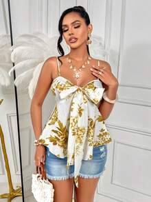 AIJ Amarilo 女士印花吊带 A 字衬衫 - 系带腰身，海滨度假风，春夏款 - 黃色 - 查看 4