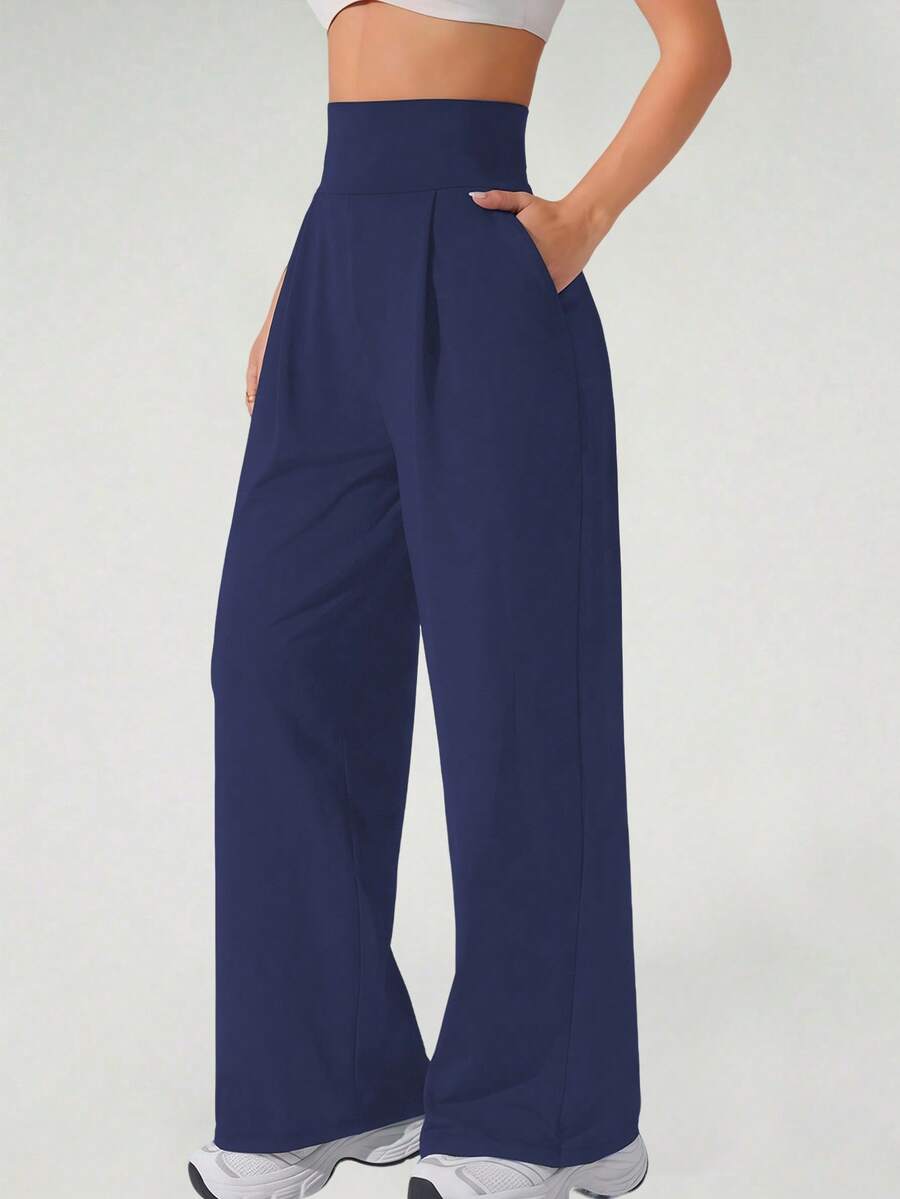 Women's High Waist Sports Pants - Loose Wide Leg Yoga Pants With Pockets, Fashionable Solid Color Casual Sports Wide Legs Pants, Wide Leg High Waist Casual Pants, Spring And Autumn Daily Casual - 藏蓝色 - 查看 1