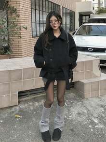 韩式双排扣立领大衣 - 黑色 - 查看 1