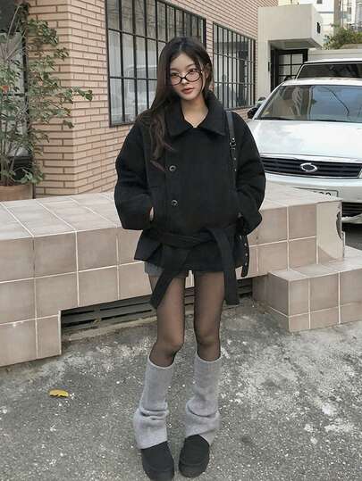 韩式双排扣立领大衣