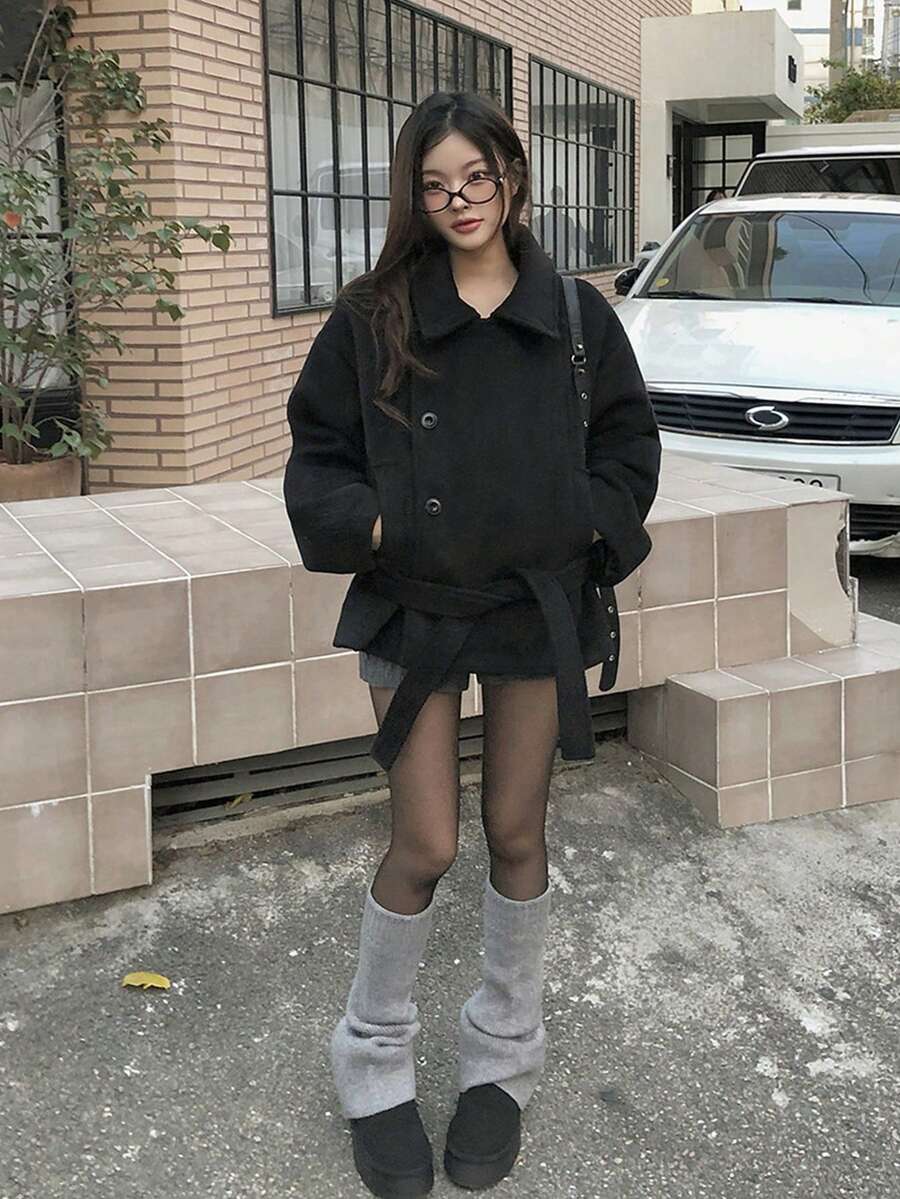 韩式双排扣立领大衣 - 黑色 - 查看 1