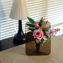 双用途人造花卉摆件，亚克力底座，适用于婚礼和桌面装饰，持久耐用，两种颜色可选：透明/黑色底座 - 黑色 - 查看 2