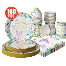 Flower Border, Butterfly & Crown Happy Birthday Disposable Plates, Napkins, Cups - One-Time Party Supplies Set For 25 Guests, Disposable Paper Plates Party Tableware Suitable For Birthday, Wedding, Theme Party, Family Picnic - Multicolor - View 1