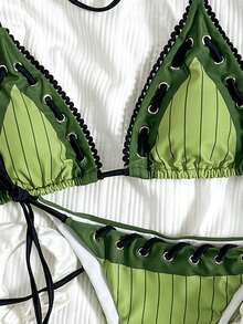 New Arrival Spring/Summer Sexy Lace Spaghetti Strap Fixed Striped Print Bikini Swimwear For Women, Beach & Pool Party - Green - View 4