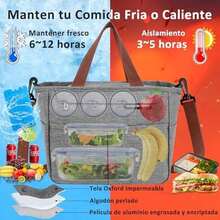 FUWEN Gran Capacidad Bolsa del Almuerzo, Bolsas Térmicas para Hombres y Mujeres Reutilizable, con Correa, Tenedor, Cuchara, Cristales Hielo, Forro a Prueba de Fugas, para Picnic, Trabajo, Camping - Gris - Ver 3