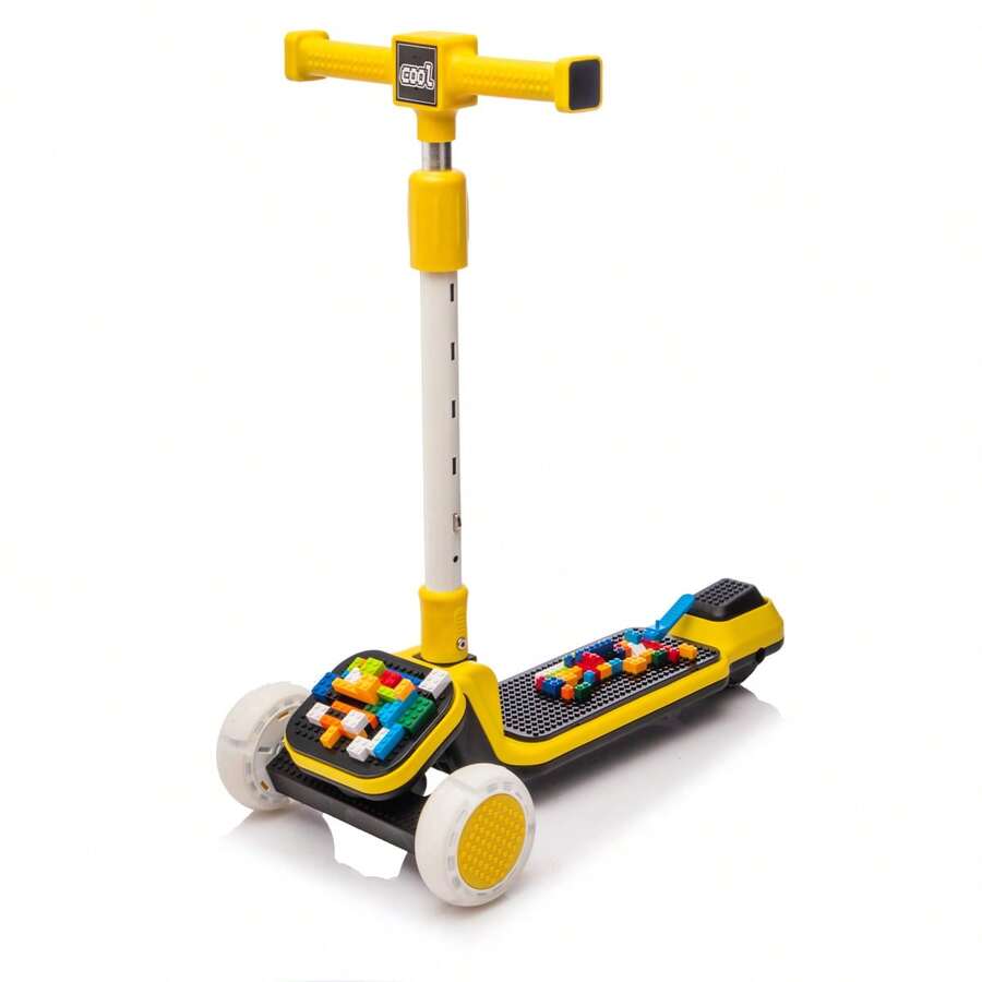 Kids Ride On 3-Wheel Scooter W/Buildable Blocks, PU Flashing Wheels And Folding Kick Scooter,Thickened Custom Aluminum Tube,5-Position Height-Adjustable Handlebar&One-Touch Footbrake For Kids Aged 3-9 - Yellow - View 1