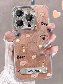 1pc Electroplated Glitter Full Coverage Orange Phone Case With 3D Metal Bear & Dog Stand Holder, Compatible With IPhone11-17 PROMAX