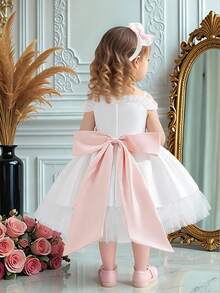 Baby Girls Spaghetti Strap Floral Print Dress With Bow Back, Cute Wedding Flower Girl Dress Suitable For 1st Birthday, Fabric Print Pattern Randomly Cut - 彩色 - 查看 4