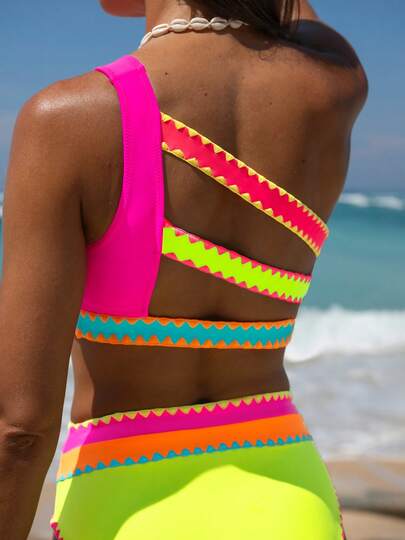 popvil Women Color Block Patchwork One Shoulder Bikini Set For Summer Holiday Vacation Beach