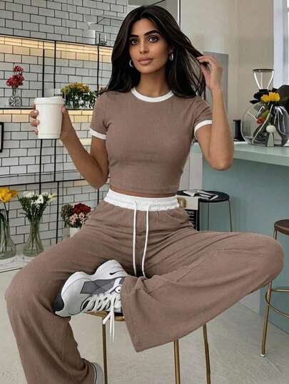 2pcs Casual Street Style Ribbed Contrast Color Round Neck Short Sleeve Top And Pants Set Summer