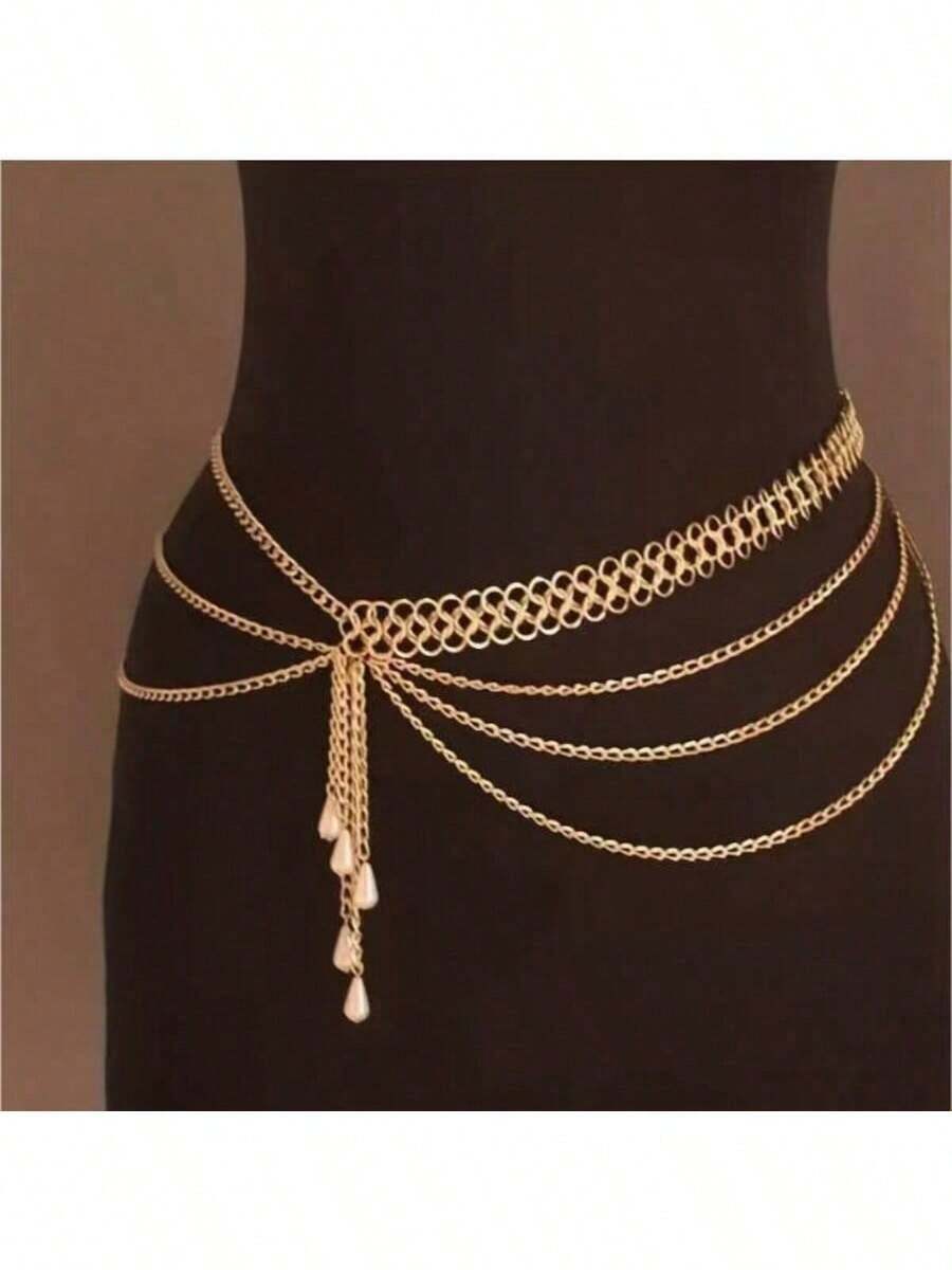 1pc Multi-Layer Chain Tassel Pearl Waist Chain, Suitable For Summer, Autumn, Halloween And Other Occasions - Gold 1 - View 1