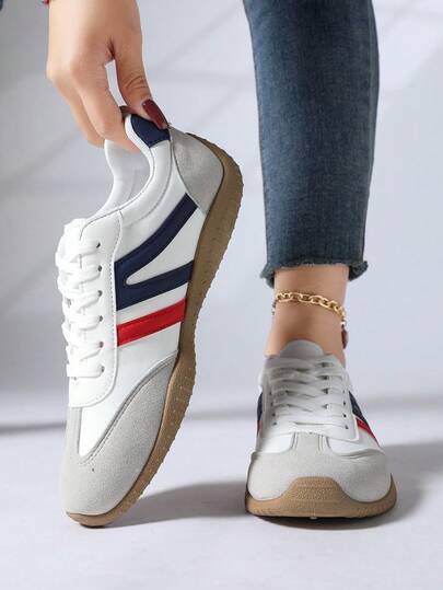 女士户外休闲运动鞋，金属扣装饰，人造革，系带，舒适时尚，2024年秋季新款