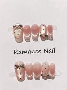 10片甜美粉色渐变手绘美甲贴纸，3D蝴蝶结金属装饰，猫眼法式美甲贴片，闪亮全覆盖假指甲，中号棺材形指甲，包含甲油胶和指甲锉，浪漫女士美甲 - 粉色 - 查看 9