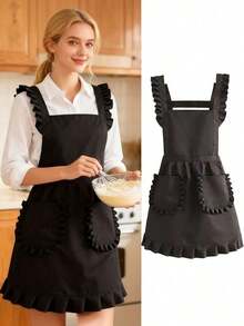 Princess-Style Sleeveless Apron Adults - Cute Ruffled Hem & Adjustable Waistband, Breathable Kitchen Cooking Nail Art Work Uniform, Loose Fit H-, Washable All-Season Brown Apron, Restaurant Apron| Princess Style Apron| Half Placket Apron - Nhiều màu - Xem 4
