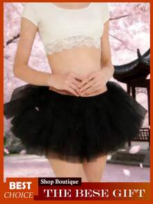 Women's Classic Multi-Layer Tulle Tutu Skirt, Adult Pleated Gauze Short Skirt, Dancing Jogging Skirts - màu đen - Xem 9