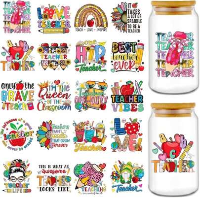 Rngmsi UV DTF Cup Wrap - 20 Sheets Teacher UV DTF Cup Wraps For 16 Oz Glass, Leopard Print Back To School Classroom Stickers For Water Botters, Flower Rub On Transfer Decals, DIY Teacher Gift