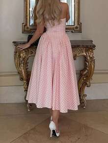 Elegant Plaid V-Neck Waist Flare Midi Dress, Romantic Date & Holiday Dress For Women - Pink - View 4