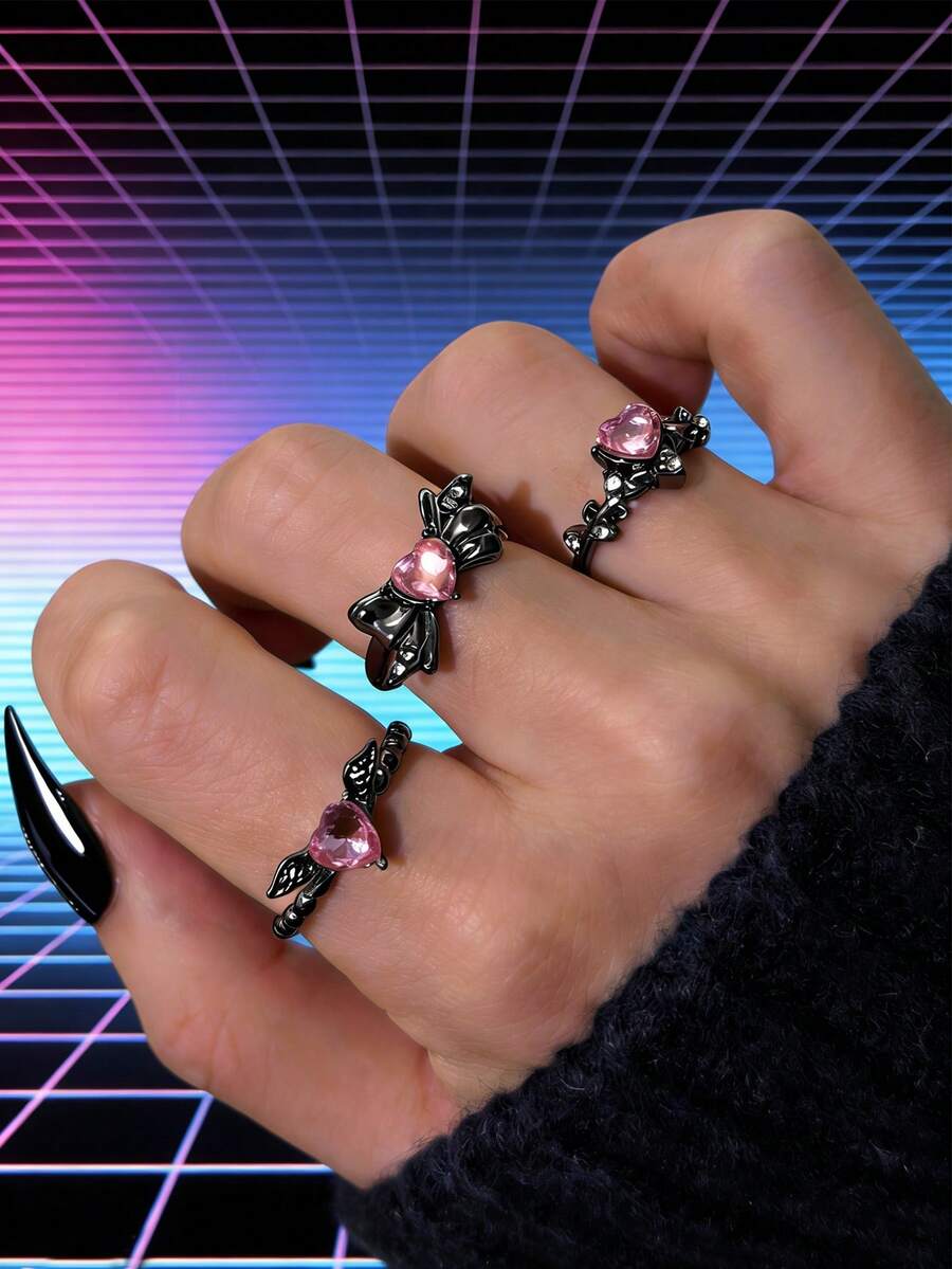 3pcs Dark Wings, Pink Rhinestone Heart & Bow Rings For Women