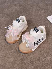 1 Pair Fashion Leather Soft Sole Bow Hook And Loop Casual Sneakers, Versatile Baby/Toddler Girls & Boys Comfortable Non-Slip Athletic Shoes - Khaki - View 1