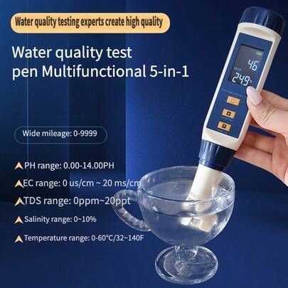 Testeur de qualité de l'eau numérique 5 en 1 (pH+TDS+EC+Température+Salinité) Stylo de test de qualité de l'eau avec affichage LED, testeur haute précision convenant aux aquariums, à l'aquaculture, à l'irrigation et plus encore