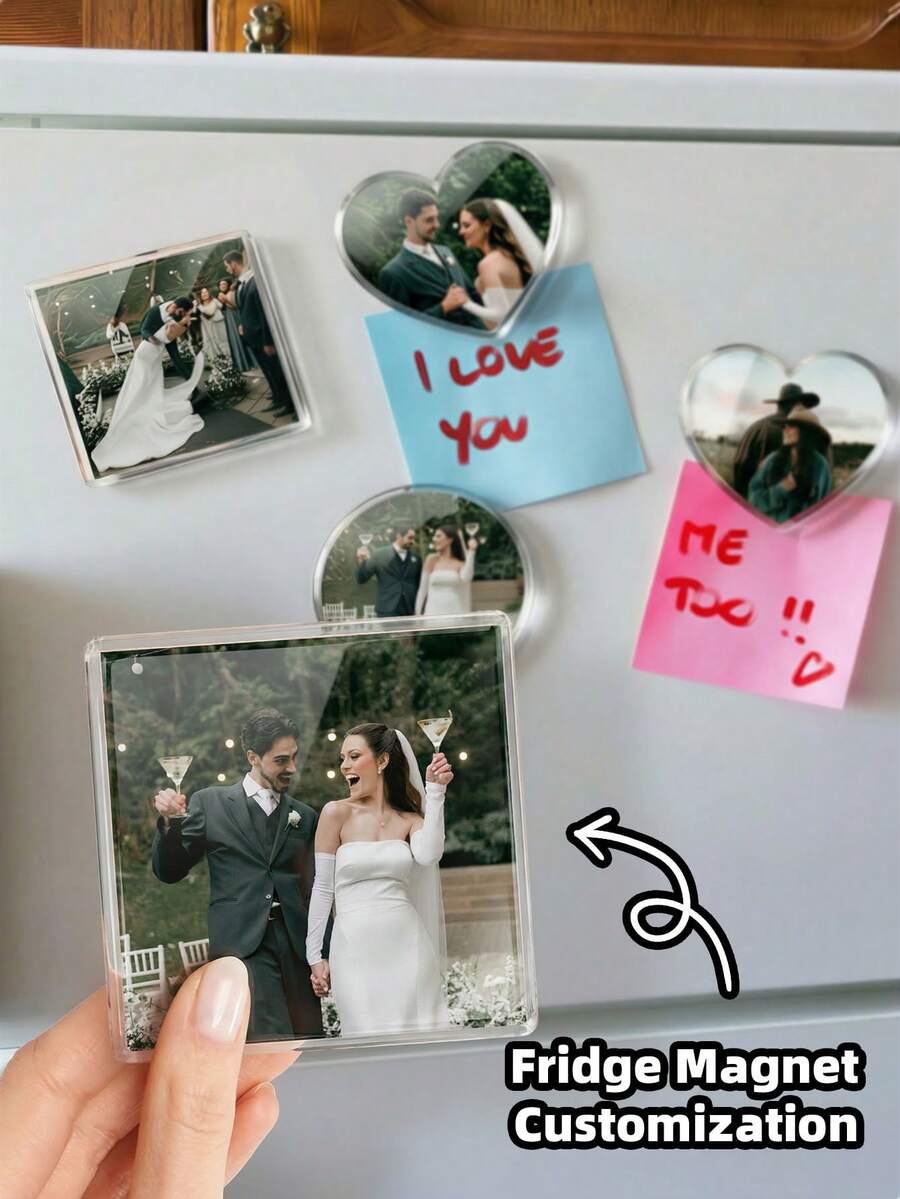 1-4pcs Custom Photo Fridge Magnet, Personalized Acrylic Refrigerator Magnet, Round Shape, Square Shape, Heart Shape, Couple Photo Souvenir Gift, Anniversary Personalized Keepsake, Colorful High Quality Multi-Size Home Decor, Perfect Gift For Couples, Husband, Wife, Boyfriend, Girlfriend, Ideal For Wedding, Valentine's Day, Anniversary - Multicolor - View 1