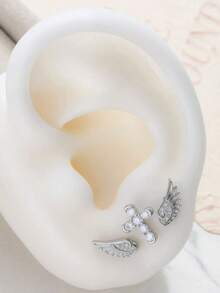 一套（+十字锆石+右翼）低过敏性钛钢天使翅膀耳钉，镶嵌微镶锆石，时尚男女通用耳骨耳钉，适合日常佩戴 - 十字架翅膀耳骨釘 - 查看 16