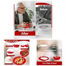 Adaptive Spill Proof Scoop Bowl And Plate Set With Suction Base Non Skid Self Feed Dinnerware Elderly Disabled Handicapped From Parkinsons, Dementia, Stroke, Tremor2 Sets, White - 2 + Đỏ và Trắng - Xem 1