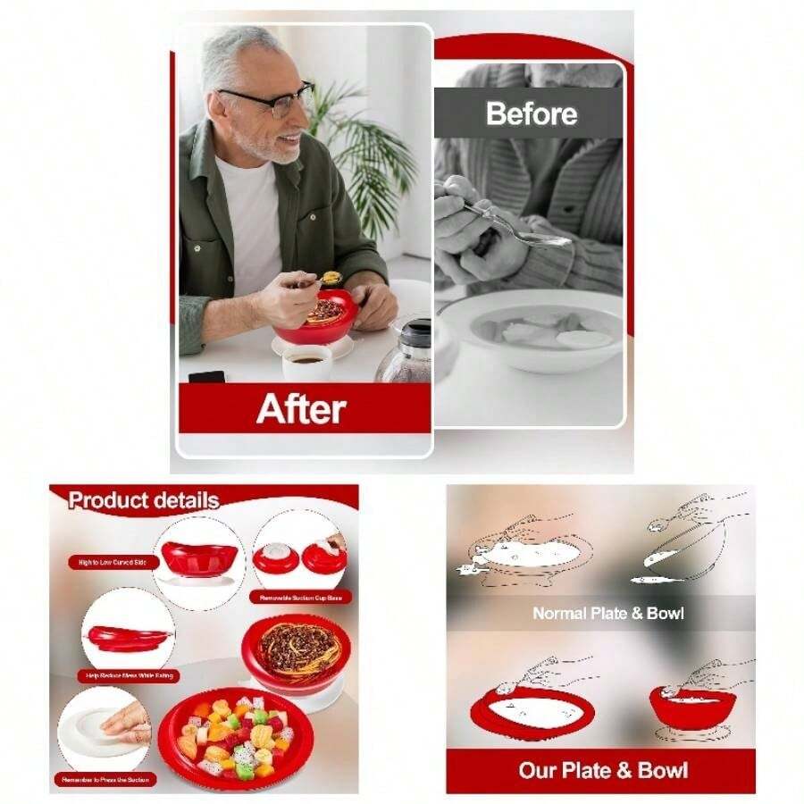 Adaptive Spill Proof Scoop Bowl And Plate Set With Suction Base Non Skid Self Feed Dinnerware Elderly Disabled Handicapped From Parkinsons, Dementia, Stroke, Tremor2 Sets, White - 2 + Đỏ và Trắng - Xem 1