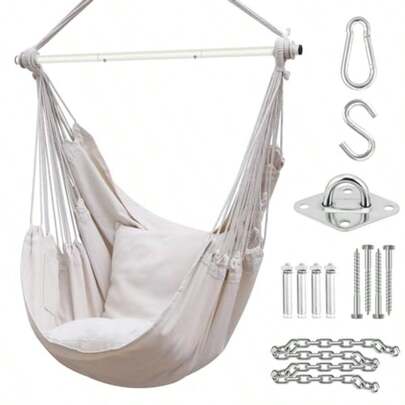 Swing Chair With Hardware Kit: Ohuhu XL Portable Hanging Chairs With 2 Cushions Detachable Metal Support Bar Side Pocket For Indoor Hammock Chair For Patio Bedrooms Teen Girls Room Decor Beige