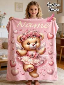 Selimut Tema Hati Personalisasi dengan Nama, Bahan Poliester Cetak Lembut dan Hangat, Hadiah Ulang Tahun Teman, Hadiah Penuh Perhatian, Dekorasi Kamar Bayi - MultiWarna - View 1