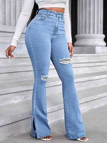 Jeans largos de mezclilla acampanados con rotos casuales para mujer, con dobladillo dividido y elasticidad media, elegantes y cómodos. - Azul lavado medio - Ver 4