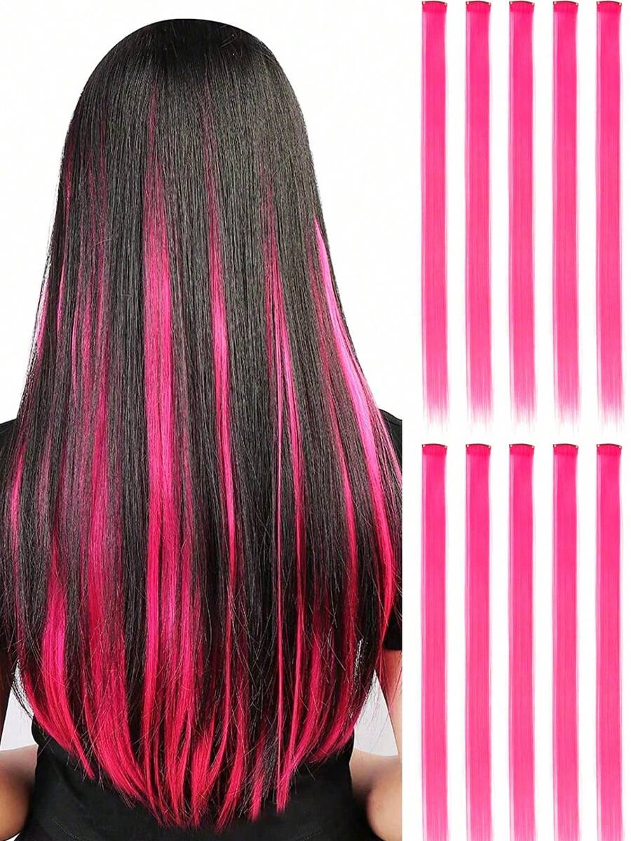 10pcs Colored Clip In Synthetic Hair Extensions, 20inches Straight Hairpieces, Halloween Party Christmas New Year Gift For Women Kids Girls, Rose Red - Màu Hồng Tươi - Xem 1