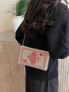 New Fashionable Diamond-Studded Playing Card Evening Bag, European And American Style Full Rhinestone Small Square Bag, Crossbody Bag With Chain Strap. Women's Bag In Champagne Gold With Box-Shaped Playing Card Logo Design, Top Metal Chain Design, Strong Magnetic Closure, Adjustable For Shoulder, Crossbody, Or Hand-Carry Wear - Champagne - View 4