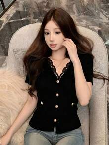 Lace V-Neck Metal Button Short Sleeve Cardigan, Fashionable And Elegant Knit Top - Black - View 2