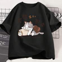 2026 Ropa de Hombre Unisex No Quiero Levantarme Camisetas Gráficas de Gato Divertidas Camiseta Impresa para Amantes de Gatos Casual de Moda Algodón Oversize - Negro - Ver 11