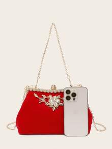 女士钻石首饰 闪耀奢华水钻首饰套装 闪亮项链耳环手链套装 雕花钻石软包 宴会手提包 女士手提包 宴会包 - 紅色 - 查看 8