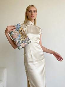 Vintage Chinese Style Embroidered Evening Bag, Oil Painting Jacquard, Floral Embroidery, Suitable For Cheongsam, Wedding, Party, Celebration, Birthday, Banquet, Matching Bridal Gown, Formal Dress, Best Holiday Gift For Women - Yellow - View 4